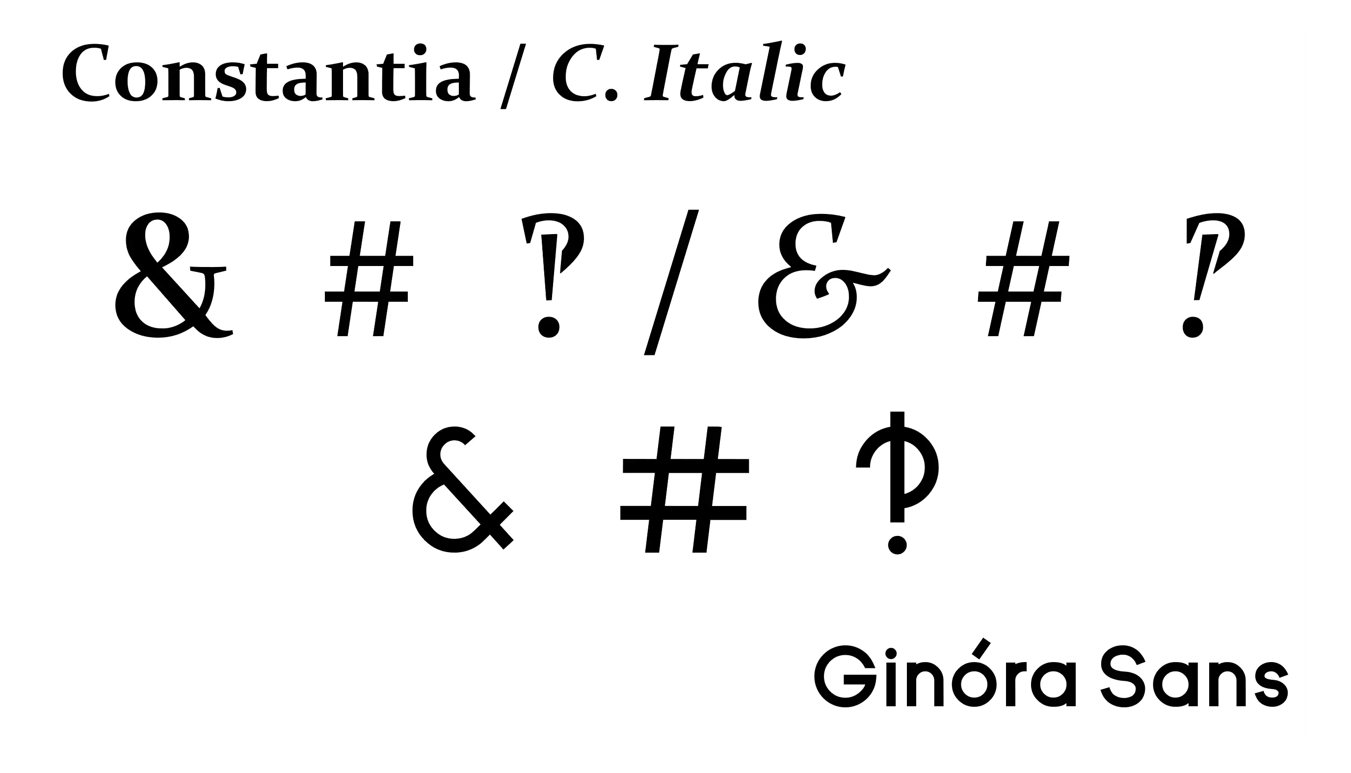 字体 Constantia 和 Ginóra Sans 的与号、井号和问叹号