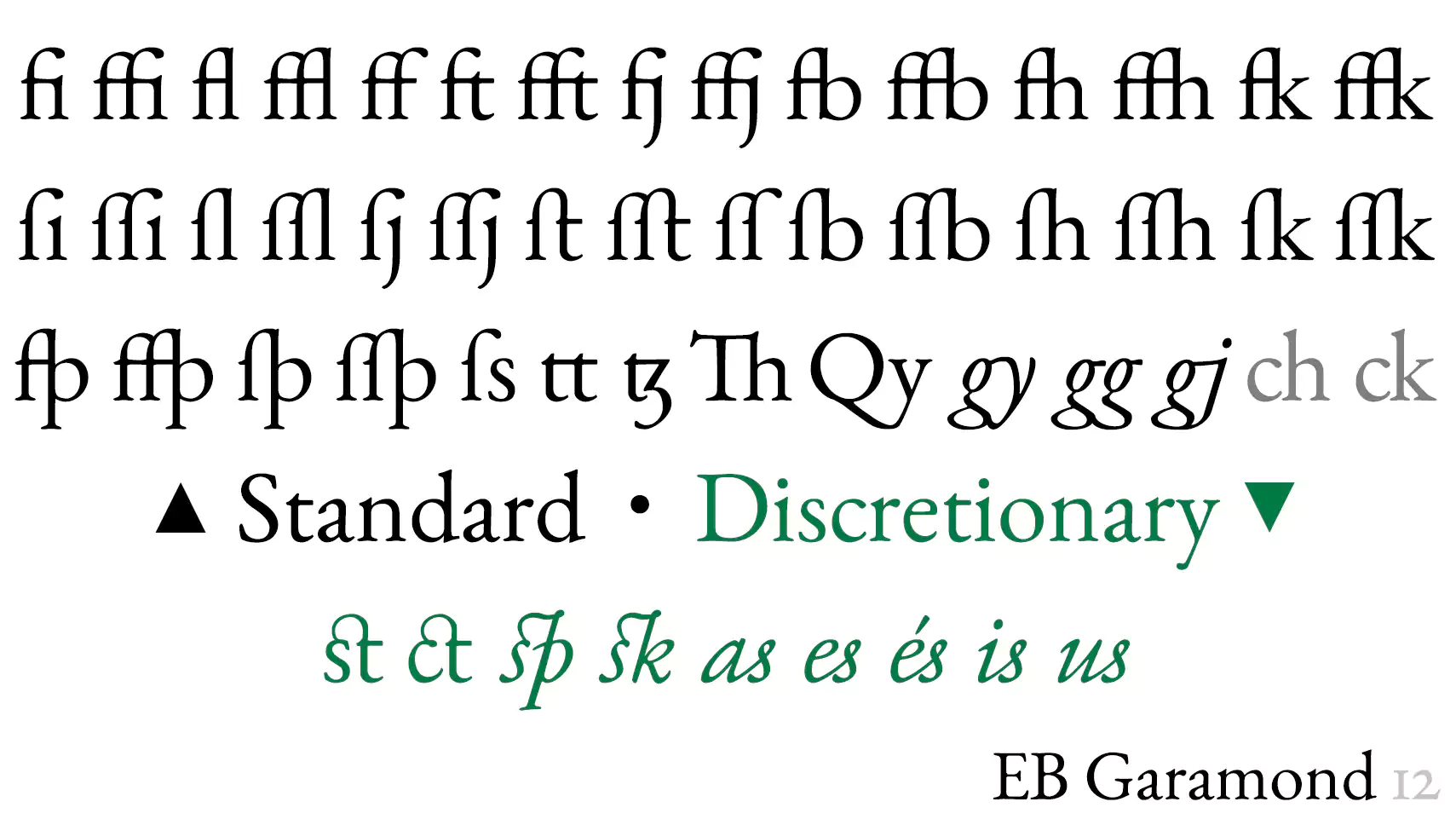 字体 EB Garamond：上方为标准连字，下方为自由连字